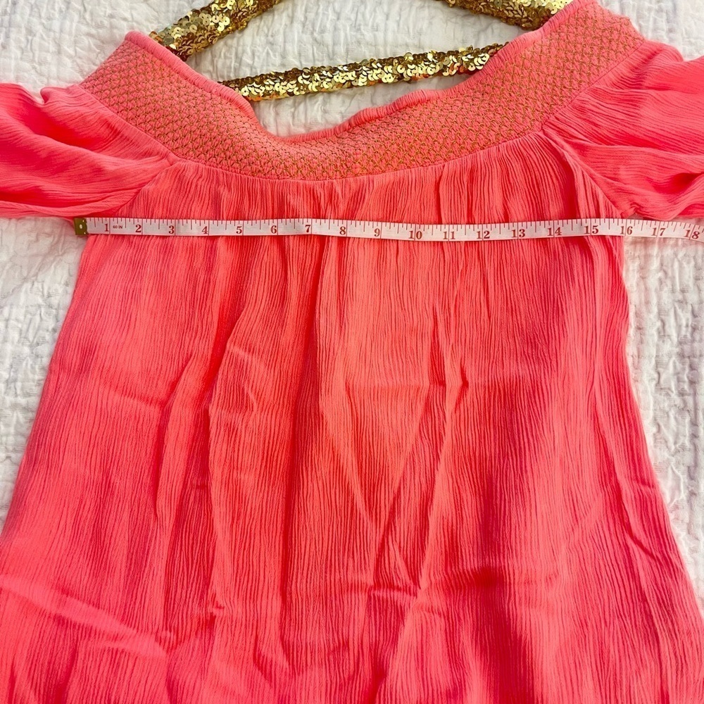 Lilly Pulitzer Off the Shoulder Katya Top Hot Coral Gold Stitching Sz Small - Picture 8 of 9